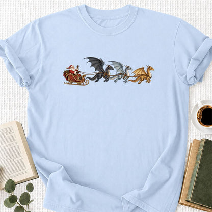 Santa Claus on Dragon Sleigh Printed T-Shirt | Christmas Reader Gift Light Blue
