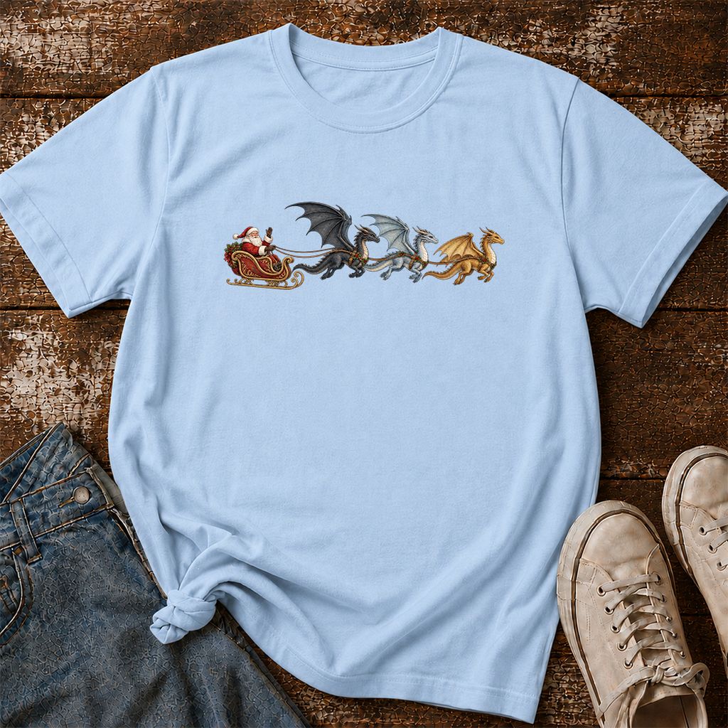Santa Claus on Dragon Sleigh Printed T-Shirt | Christmas Reader Gift Light Blue