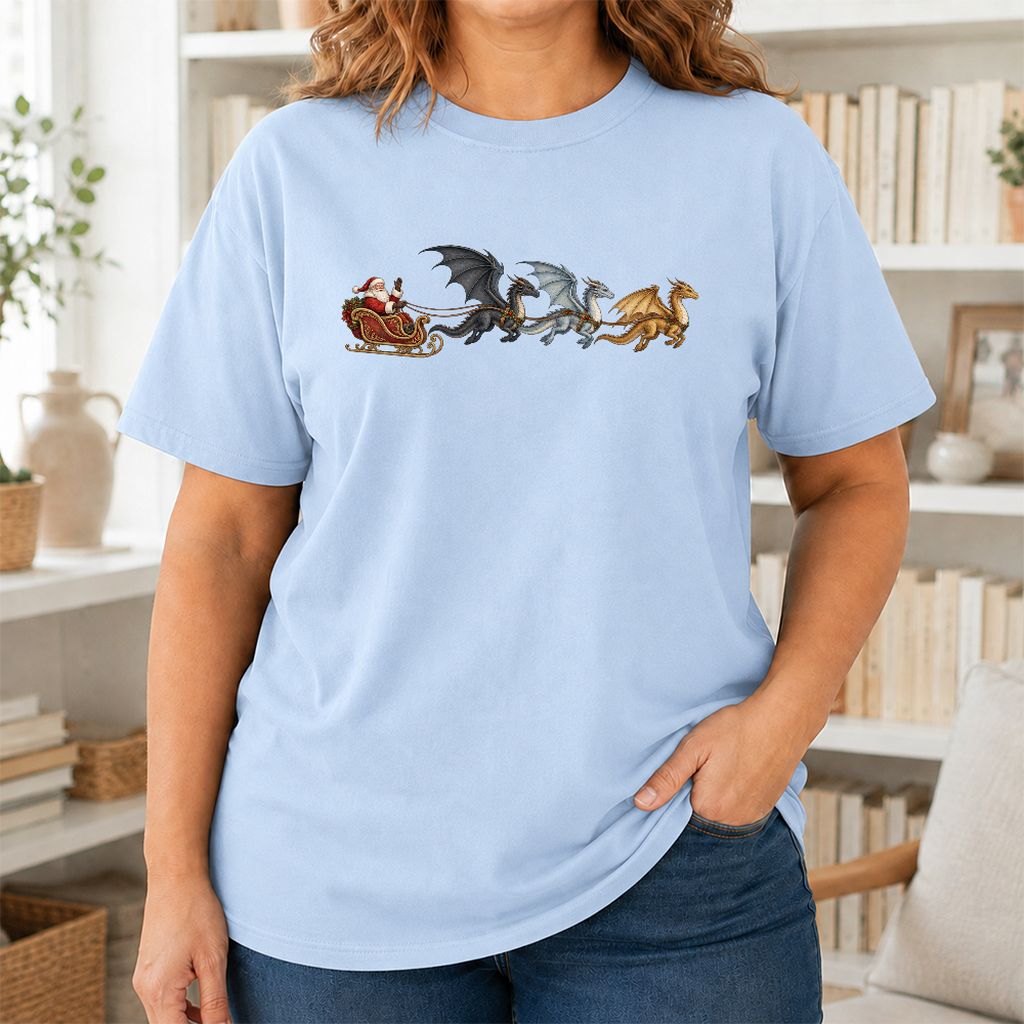 Santa Claus on Dragon Sleigh Printed T-Shirt | Christmas Reader Gift Light Blue