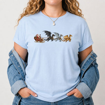 Santa Claus on Dragon Sleigh Printed T-Shirt | Christmas Reader Gift Light Blue