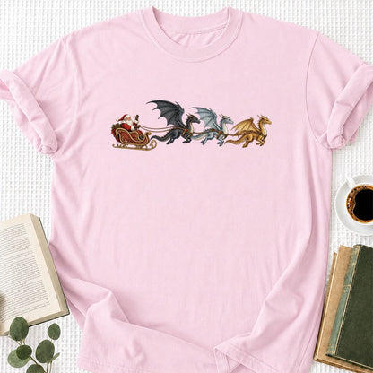 Santa Claus on Dragon Sleigh Printed T-Shirt | Christmas Reader Gift Light Pink