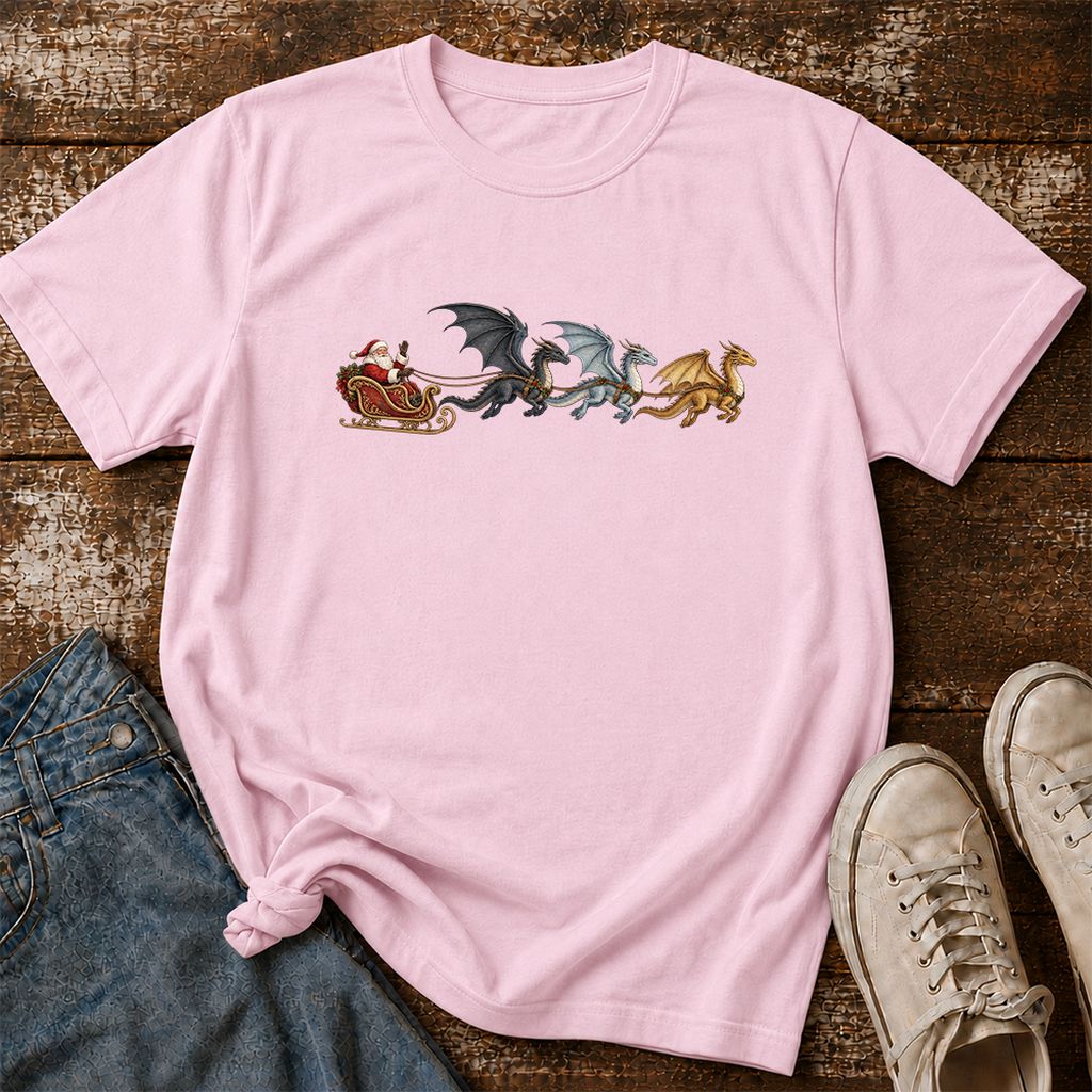 Santa Claus on Dragon Sleigh Printed T-Shirt | Christmas Reader Gift Light Pink