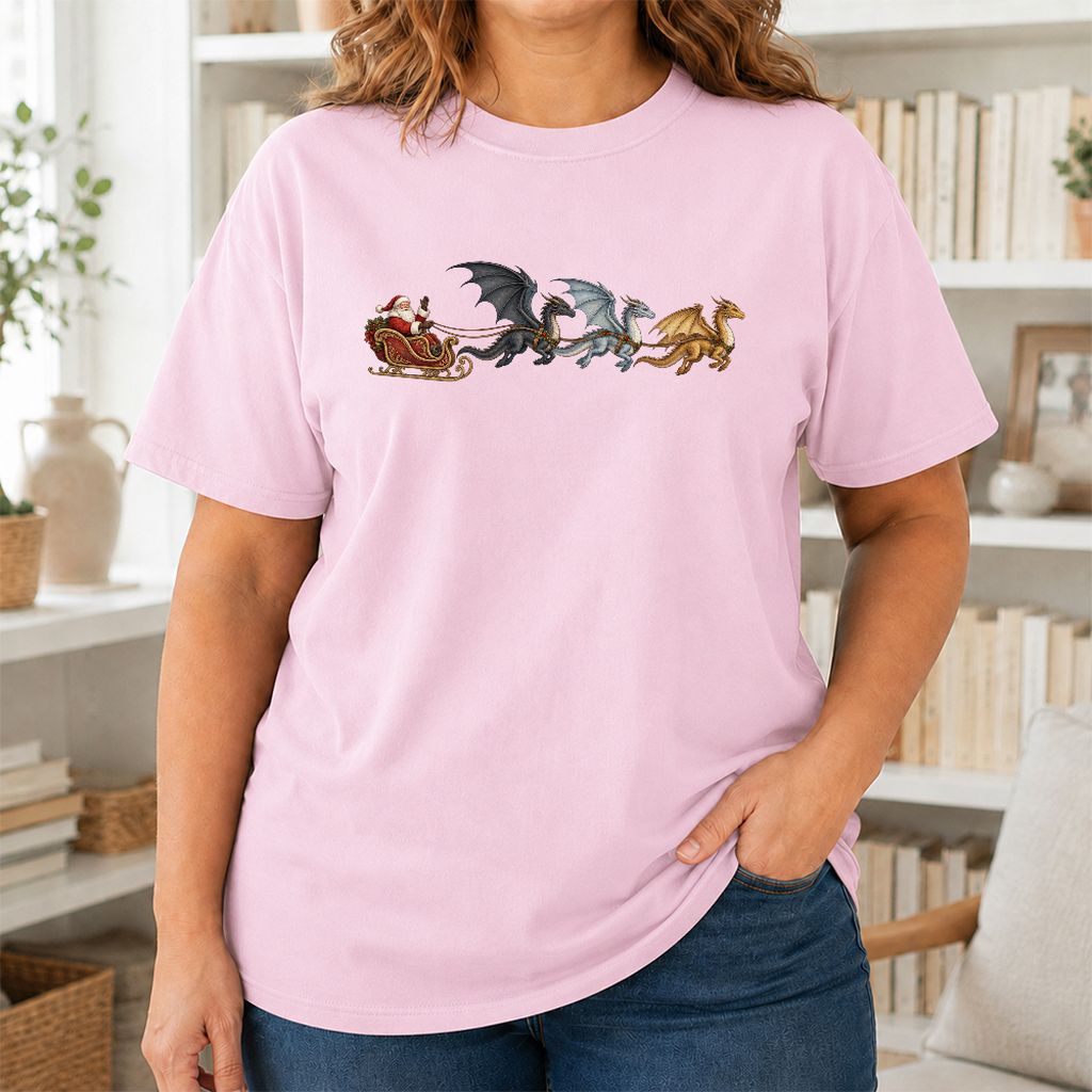 Santa Claus on Dragon Sleigh Printed T-Shirt | Christmas Reader Gift Light Pink
