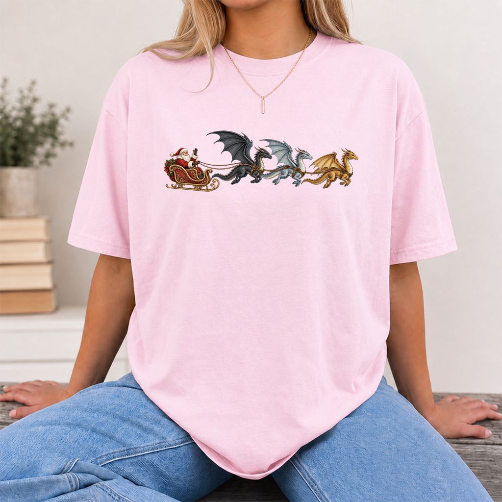 Santa Claus on Dragon Sleigh Printed T-Shirt | Christmas Reader Gift Light Pink