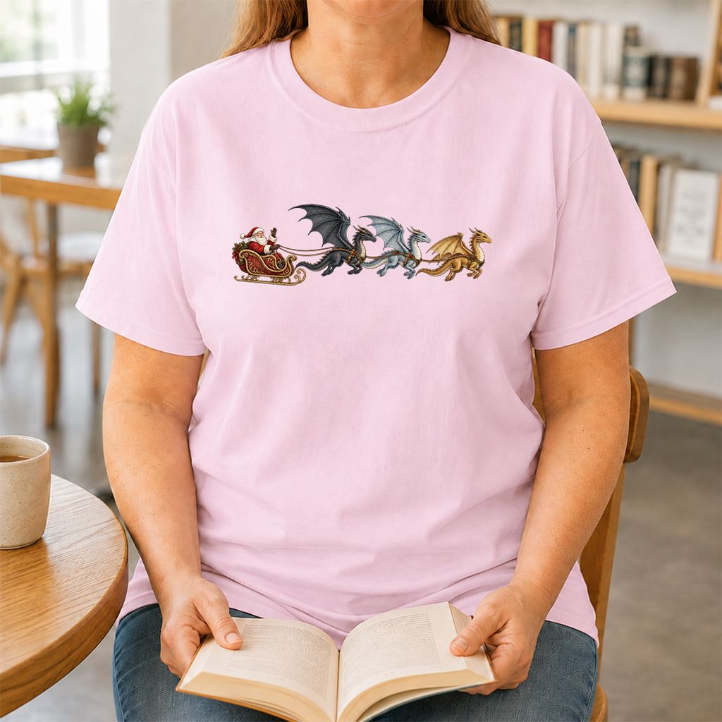 Santa Claus on Dragon Sleigh Printed T-Shirt | Christmas Reader Gift Light Pink