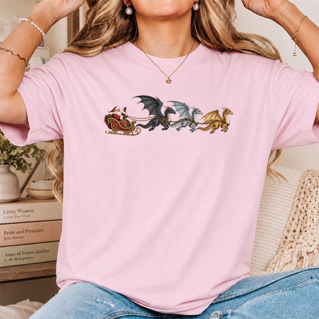 Santa Claus on Dragon Sleigh Printed T-Shirt | Christmas Reader Gift Light Pink