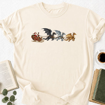 Santa Claus on Dragon Sleigh Printed T-Shirt | Christmas Reader Gift Natural