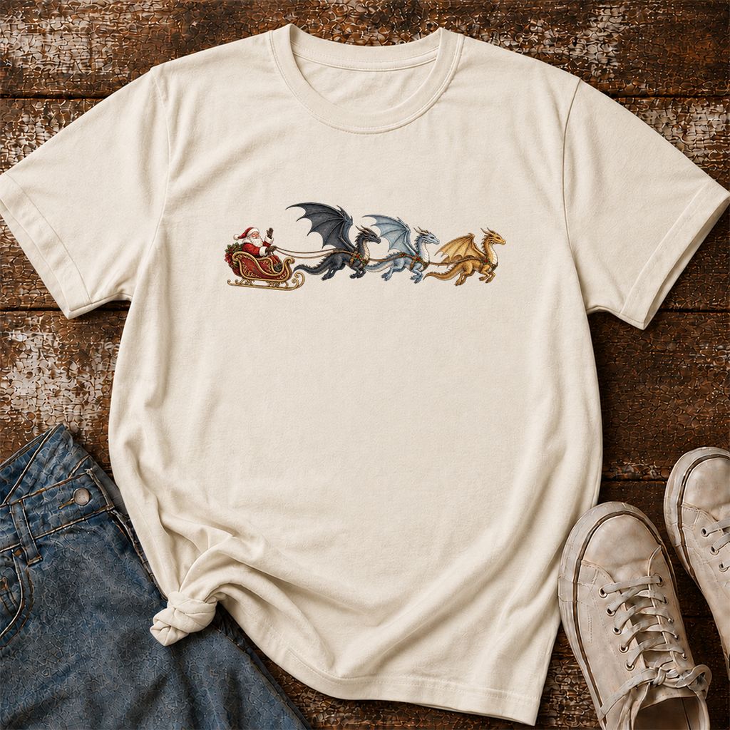 Santa Claus on Dragon Sleigh Printed T-Shirt | Christmas Reader Gift Natural