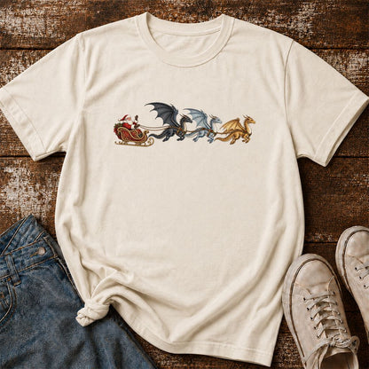 Santa Claus on Dragon Sleigh Printed T-Shirt | Christmas Reader Gift Natural