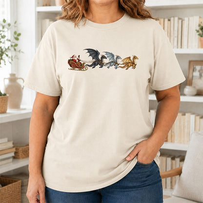 Santa Claus on Dragon Sleigh Printed T-Shirt | Christmas Reader Gift Natural