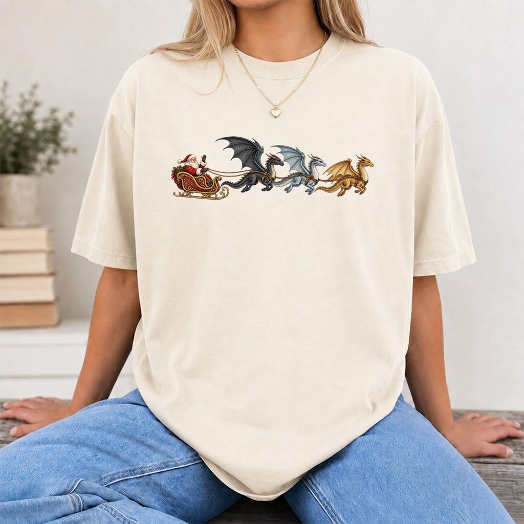 Santa Claus on Dragon Sleigh Printed T-Shirt | Christmas Reader Gift Natural