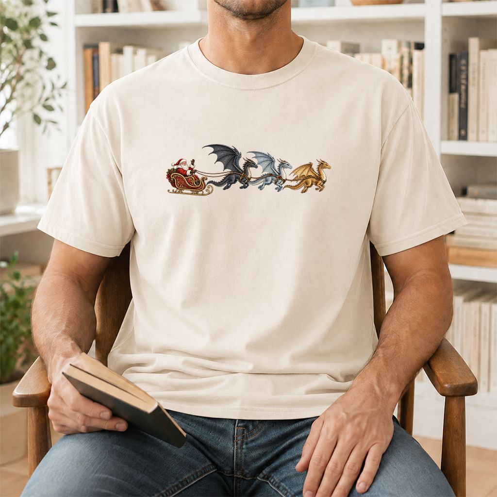 Santa Claus on Dragon Sleigh Printed T-Shirt | Christmas Reader Gift Natural