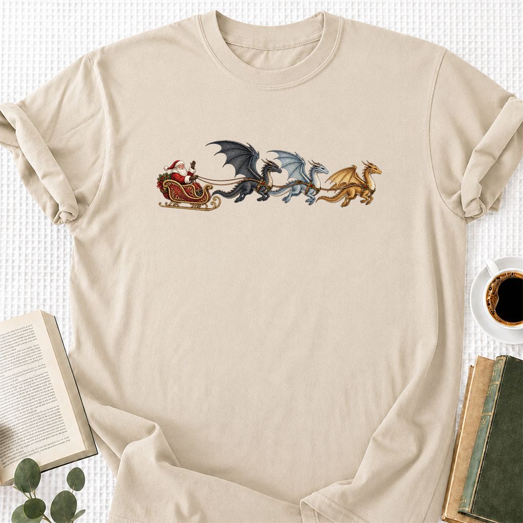 Santa Claus on Dragon Sleigh Printed T-Shirt | Christmas Reader Gift Sand