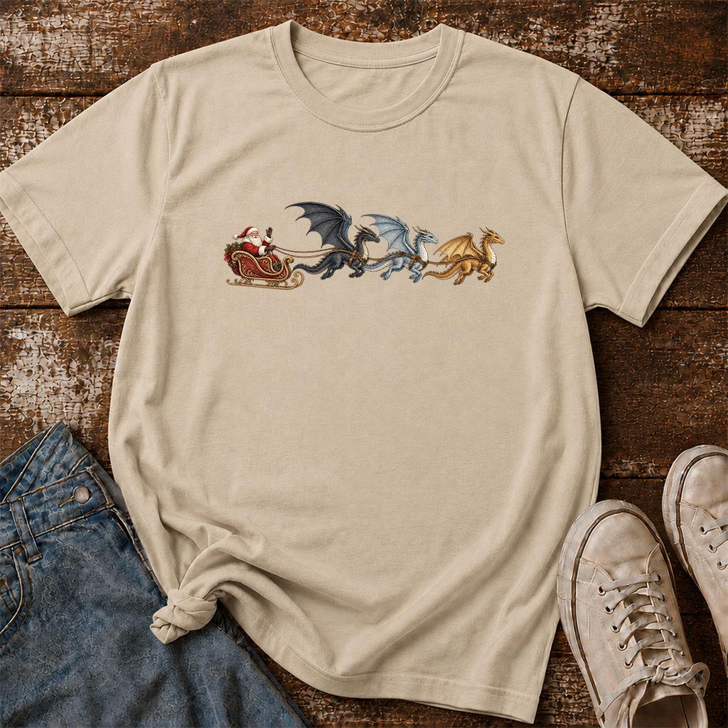 Santa Claus on Dragon Sleigh Printed T-Shirt | Christmas Reader Gift Sand
