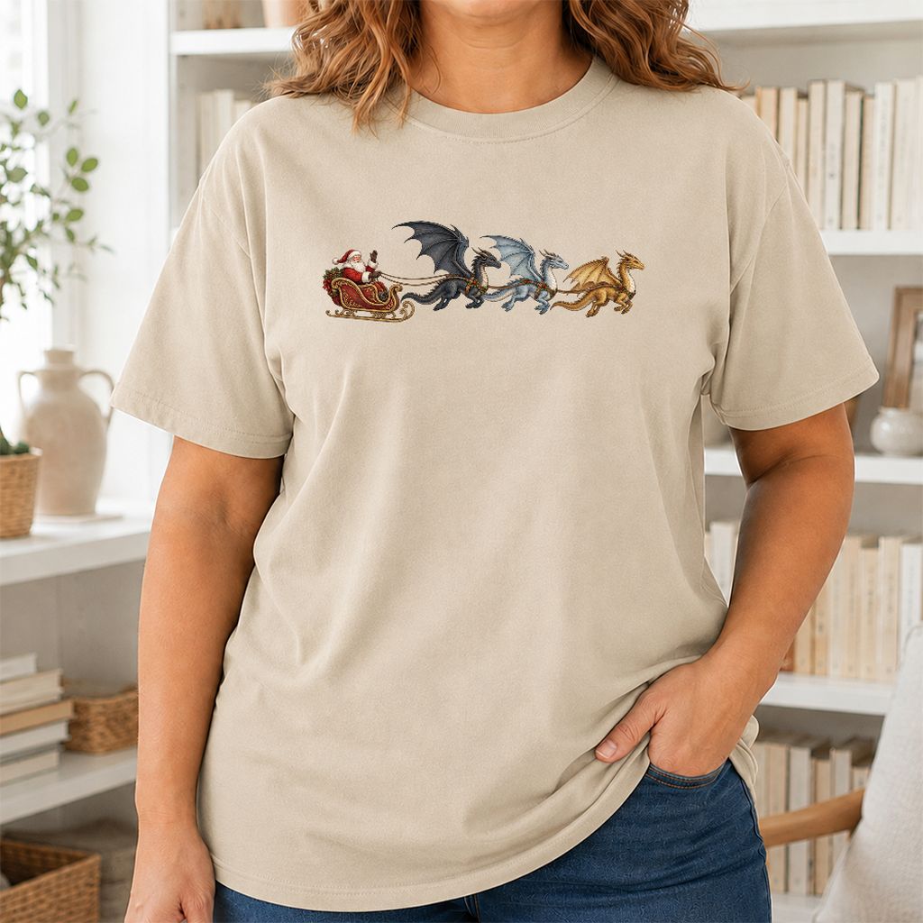 Santa Claus on Dragon Sleigh Printed T-Shirt | Christmas Reader Gift Sand