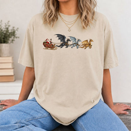 Santa Claus on Dragon Sleigh Printed T-Shirt | Christmas Reader Gift Sand