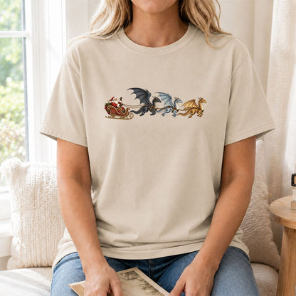 Santa Claus on Dragon Sleigh Printed T-Shirt | Christmas Reader Gift Sand