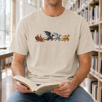Santa Claus on Dragon Sleigh Printed T-Shirt | Christmas Reader Gift Sand