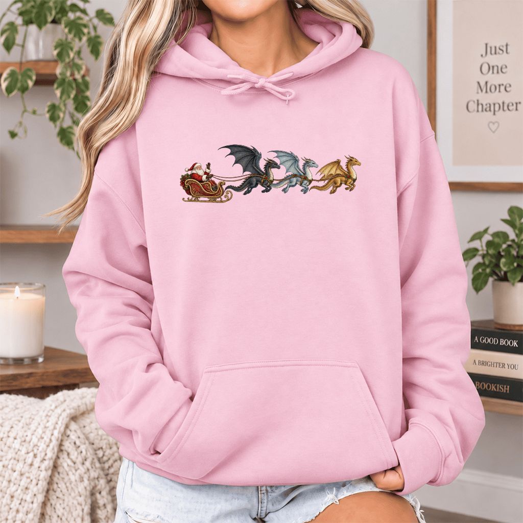 Santa Claus on Dragon Sleigh Softstyle Hoodie | Christmas Reader Gift Light Pink