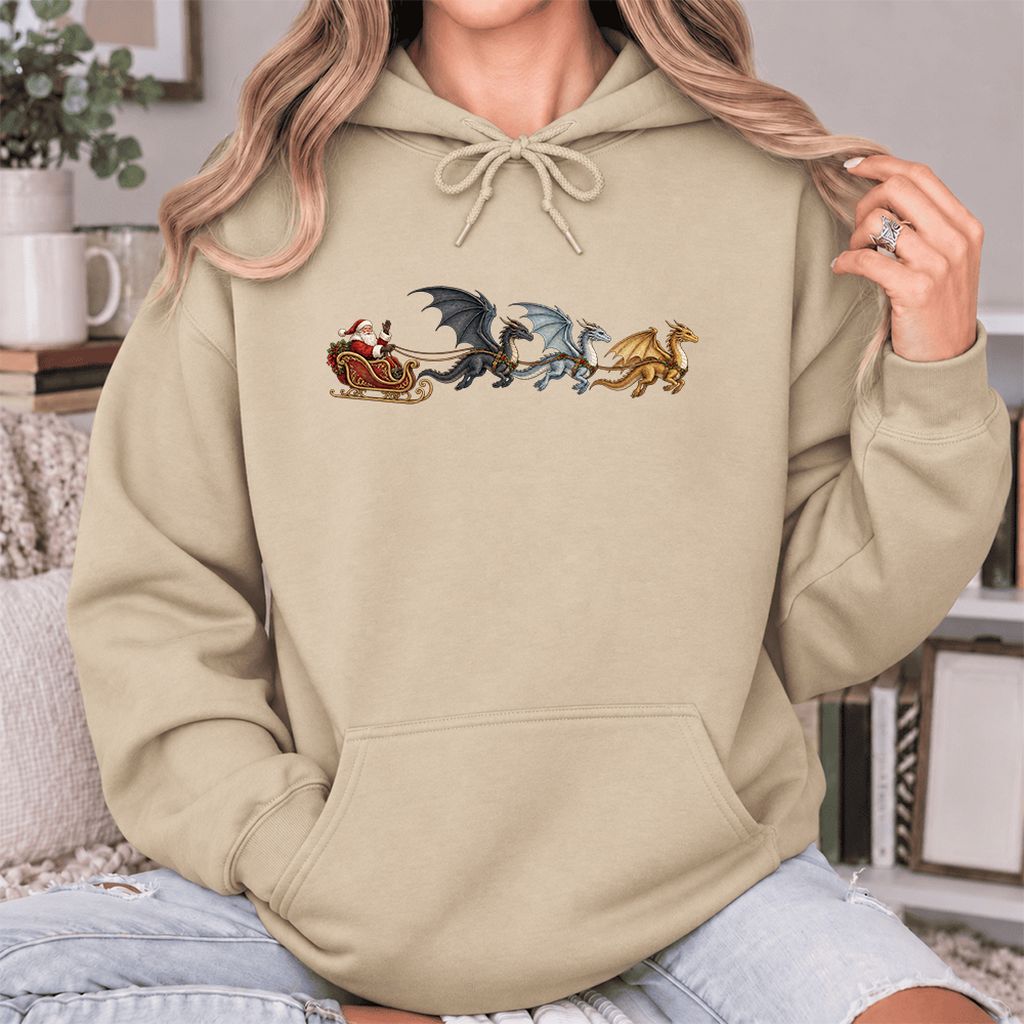 Santa Claus on Dragon Sleigh Softstyle Hoodie | Christmas Reader Gift Sand