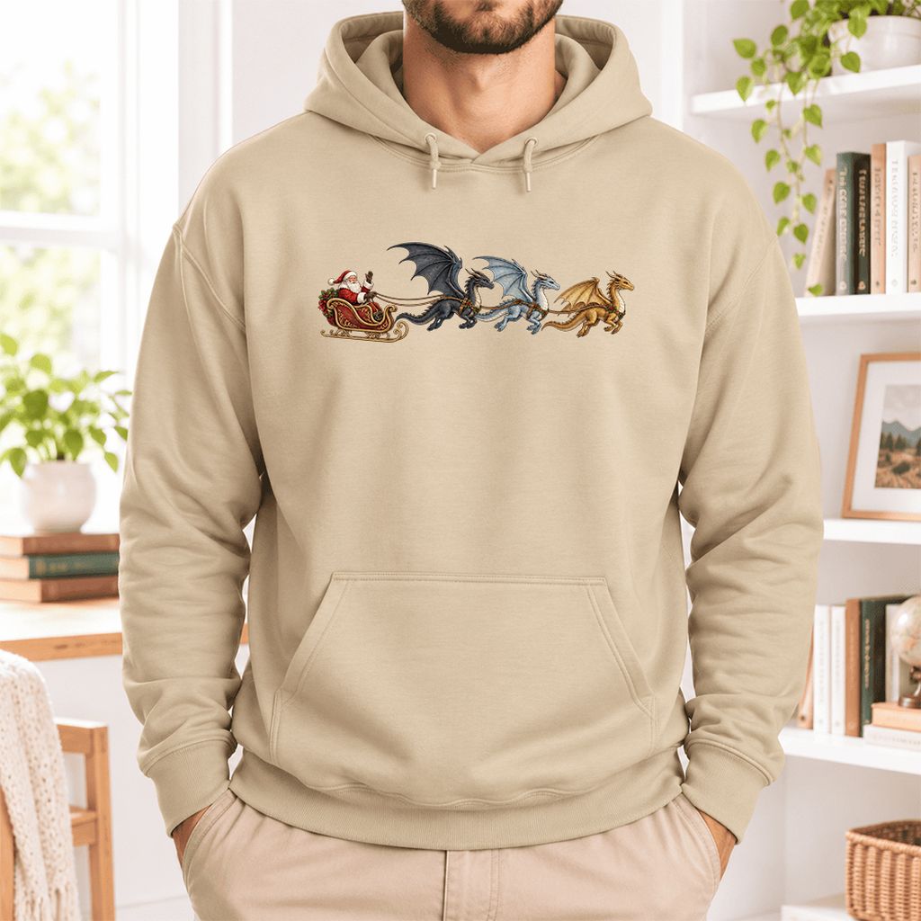 Santa Claus on Dragon Sleigh Softstyle Hoodie | Christmas Reader Gift Sand