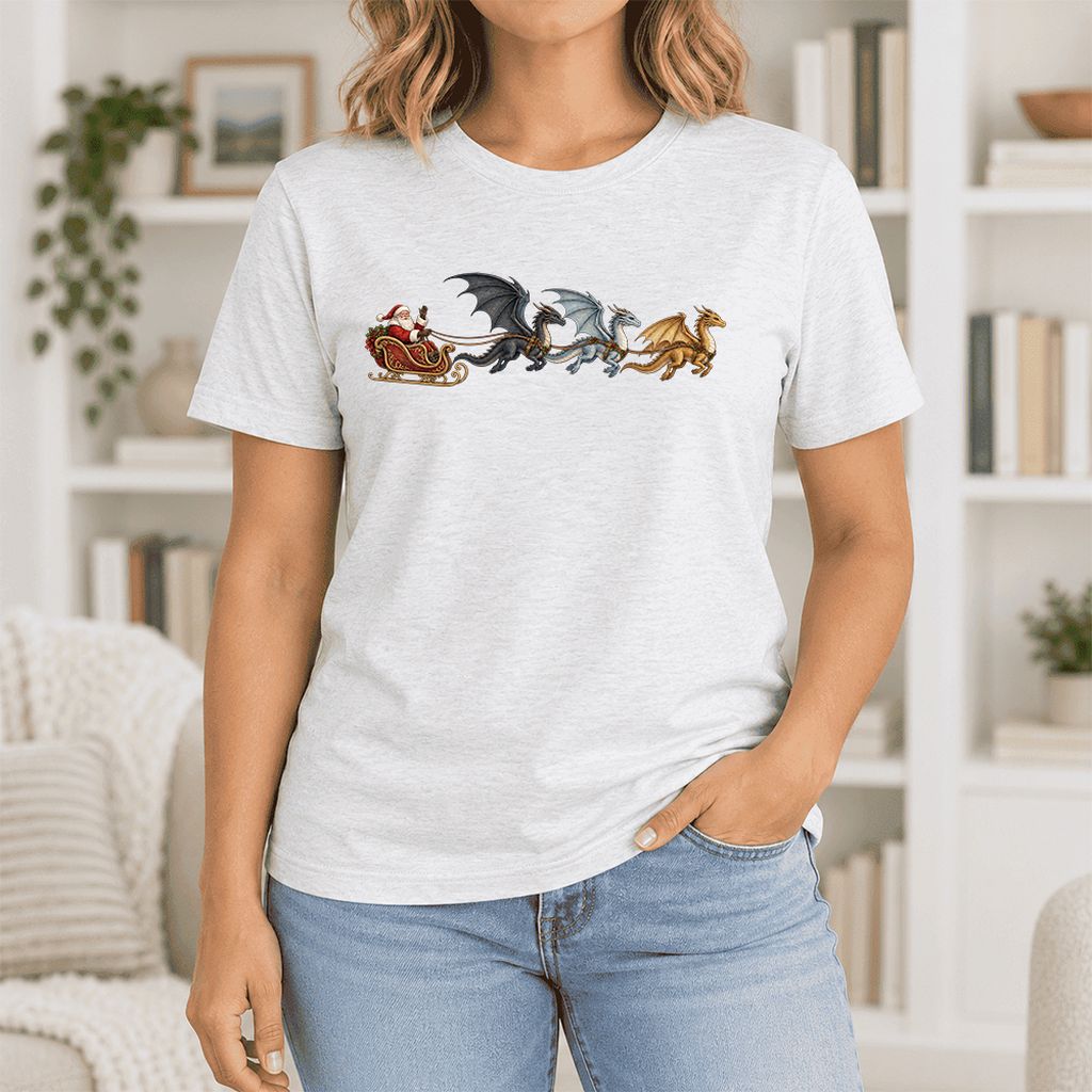 Santa Claus on Dragon Sleigh Ultra-Soft Cotton T-Shirt | Christmas Reader Gift Ash