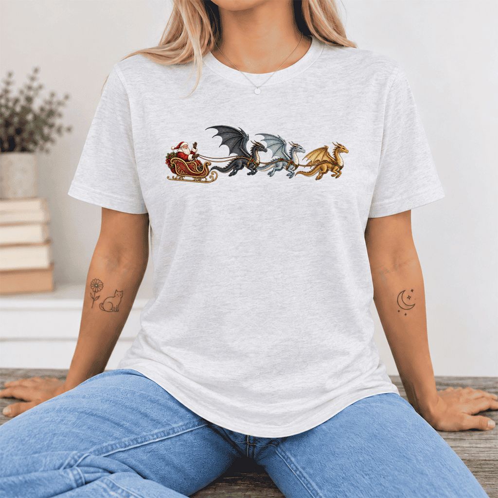 Santa Claus on Dragon Sleigh Ultra-Soft Cotton T-Shirt | Christmas Reader Gift Ash