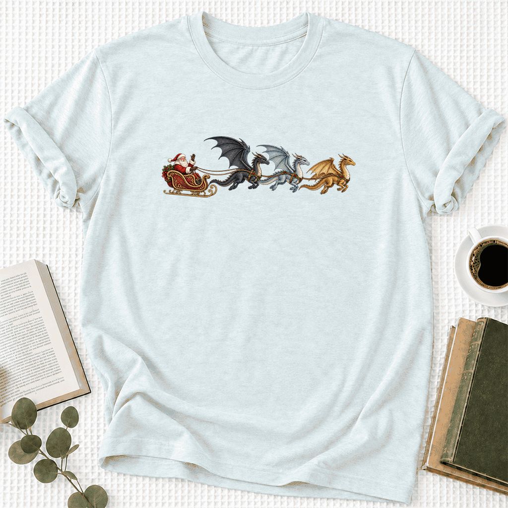 Santa Claus on Dragon Sleigh Ultra-Soft Cotton T-Shirt | Christmas Reader Gift Heather Ice Blue
