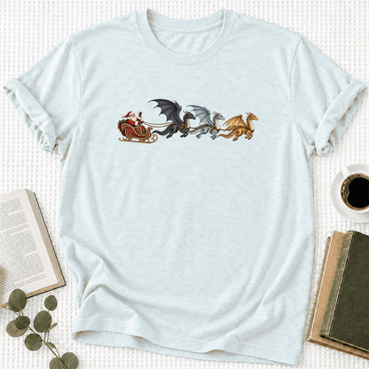 Santa Claus on Dragon Sleigh Ultra-Soft Cotton T-Shirt | Christmas Reader Gift Heather Ice Blue