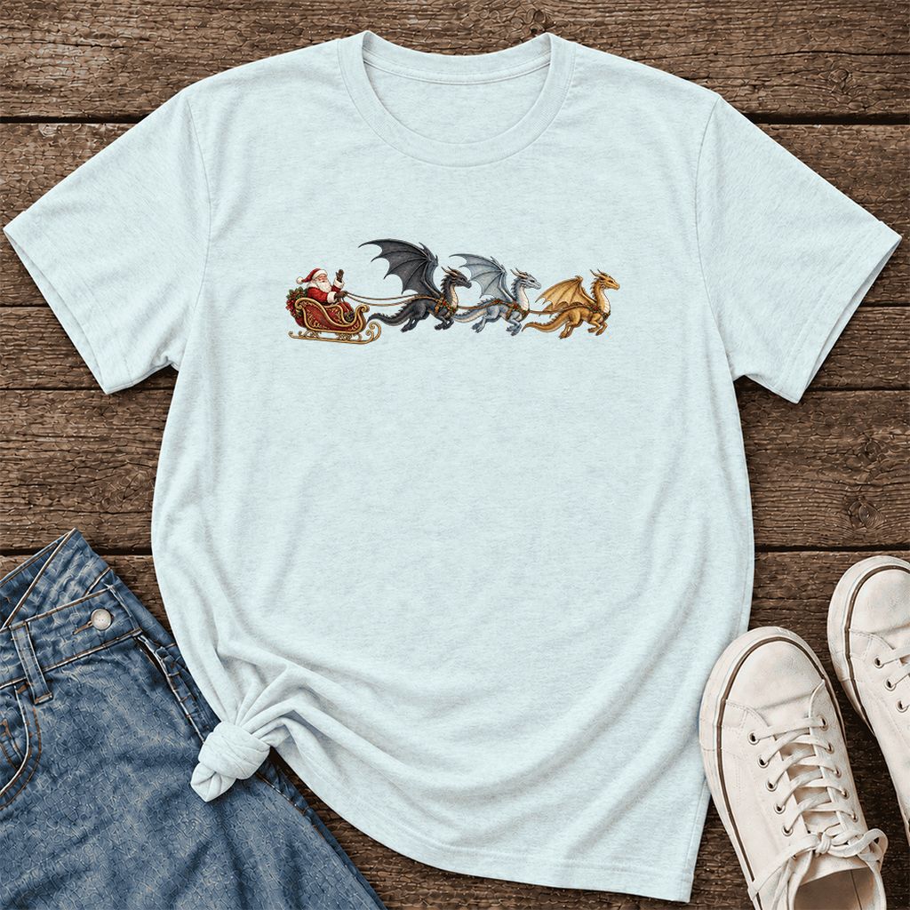 Santa Claus on Dragon Sleigh Ultra-Soft Cotton T-Shirt | Christmas Reader Gift Heather Ice Blue