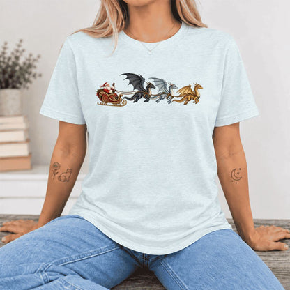 Santa Claus on Dragon Sleigh Ultra-Soft Cotton T-Shirt | Christmas Reader Gift Heather Ice Blue