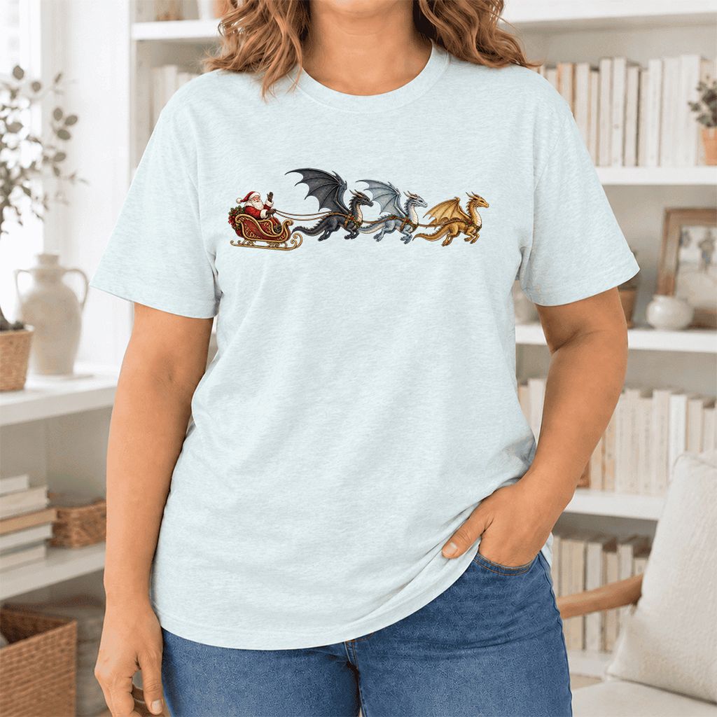 Santa Claus on Dragon Sleigh Ultra-Soft Cotton T-Shirt | Christmas Reader Gift Heather Ice Blue