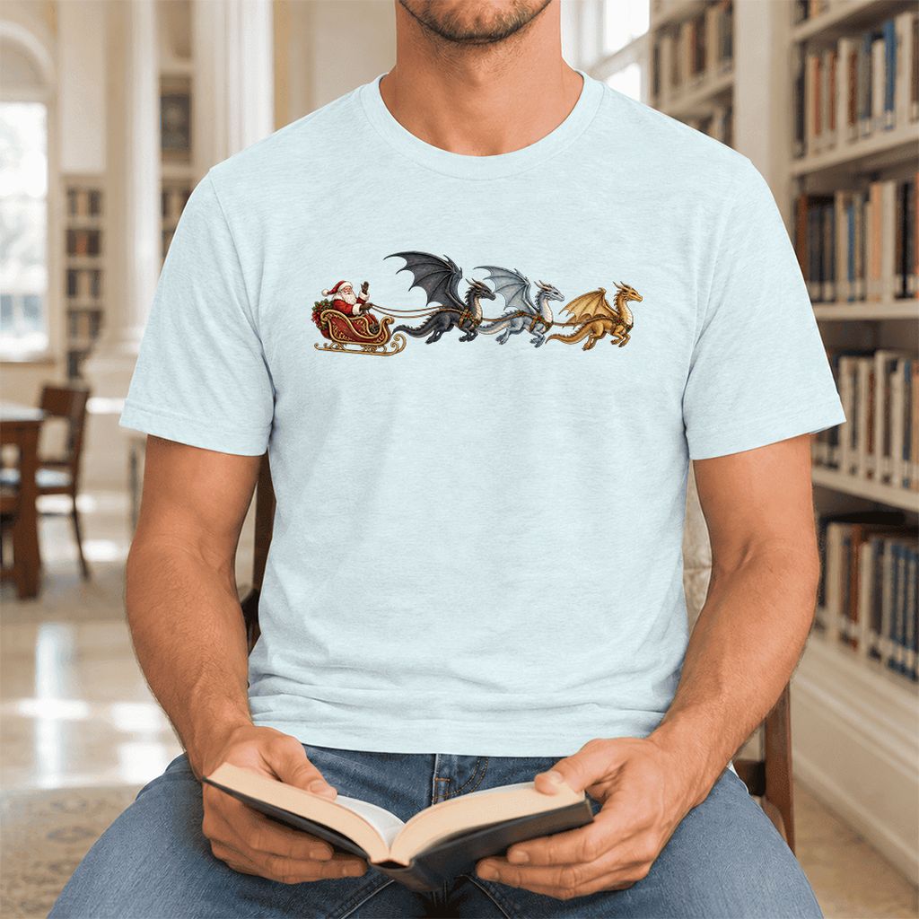 Santa Claus on Dragon Sleigh Ultra-Soft Cotton T-Shirt | Christmas Reader Gift Heather Ice Blue
