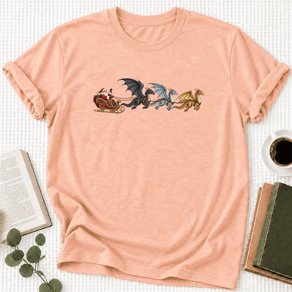 Santa Claus on Dragon Sleigh Ultra-Soft Cotton T-Shirt | Christmas Reader Gift Heather Peach