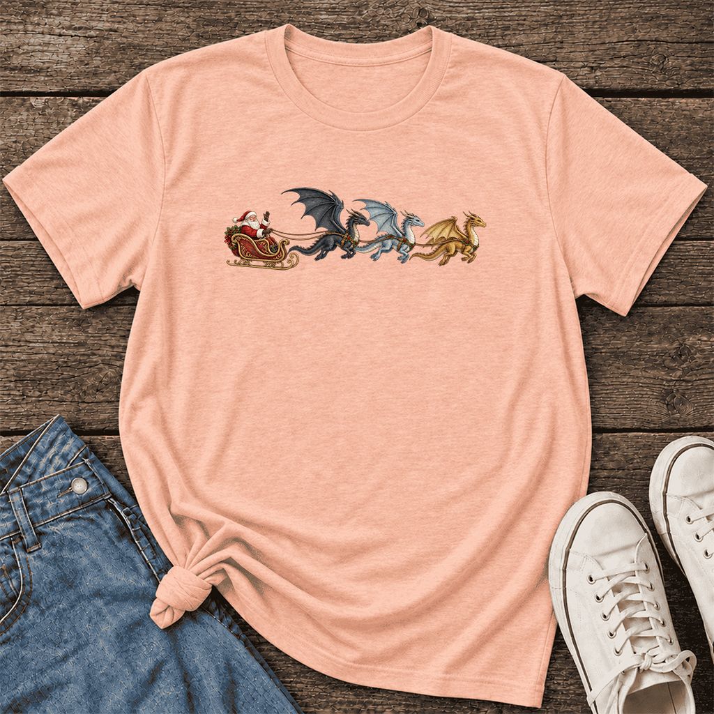 Santa Claus on Dragon Sleigh Ultra-Soft Cotton T-Shirt | Christmas Reader Gift Heather Peach