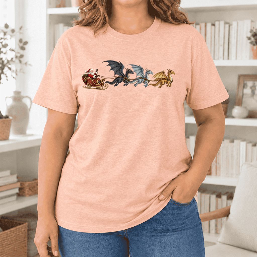 Santa Claus on Dragon Sleigh Ultra-Soft Cotton T-Shirt | Christmas Reader Gift Heather Peach