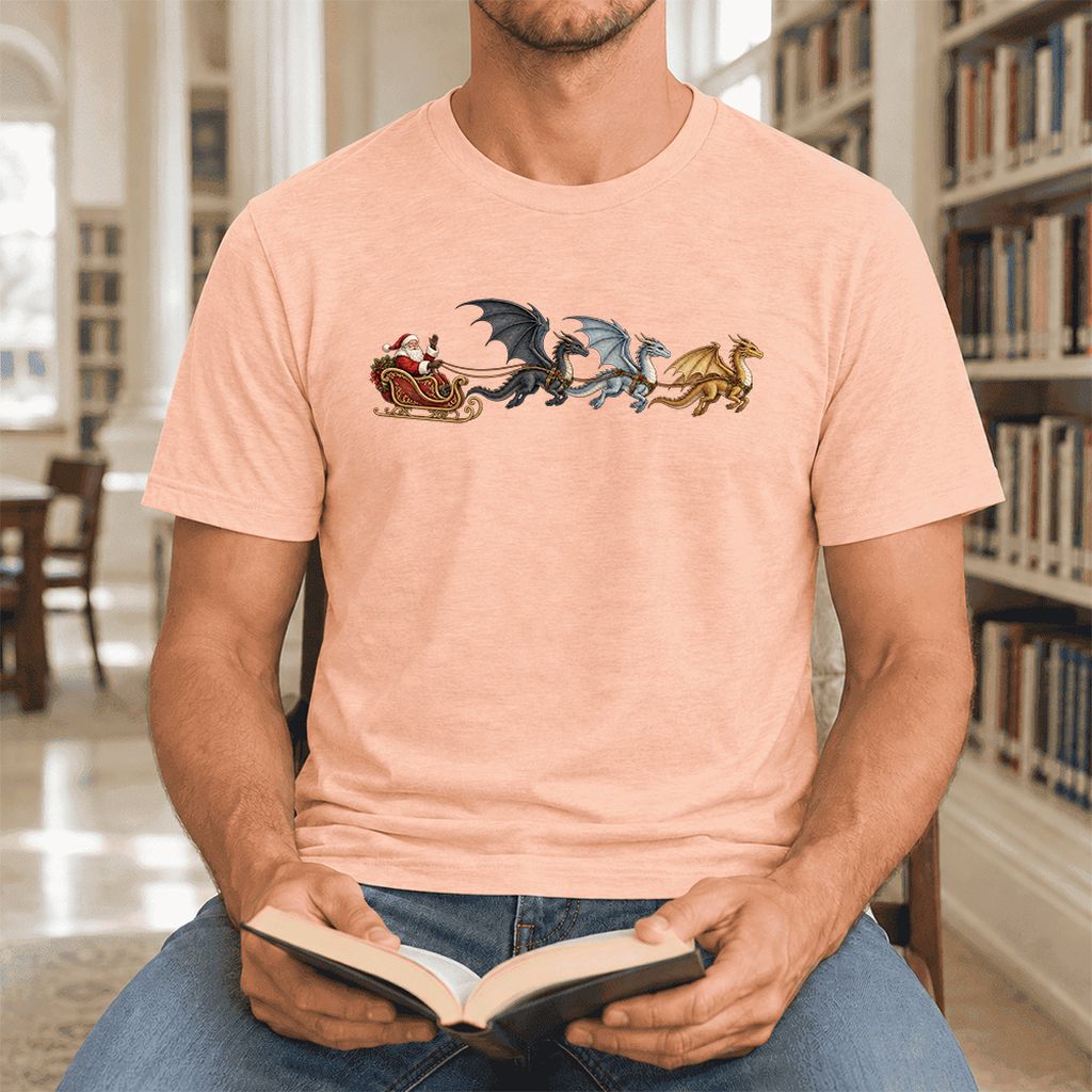 Santa Claus on Dragon Sleigh Ultra-Soft Cotton T-Shirt | Christmas Reader Gift Heather Peach