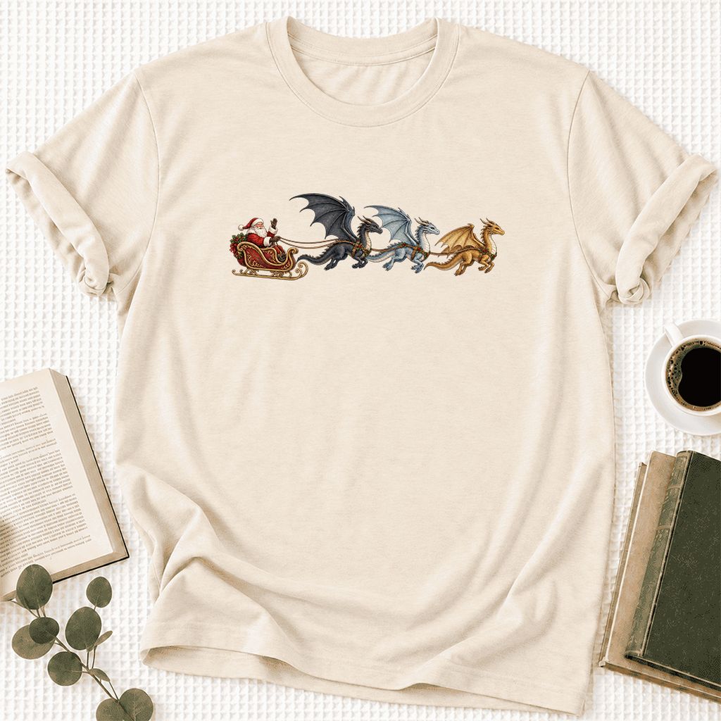 Santa Claus on Dragon Sleigh Ultra-Soft Cotton T-Shirt | Christmas Reader Gift Natural