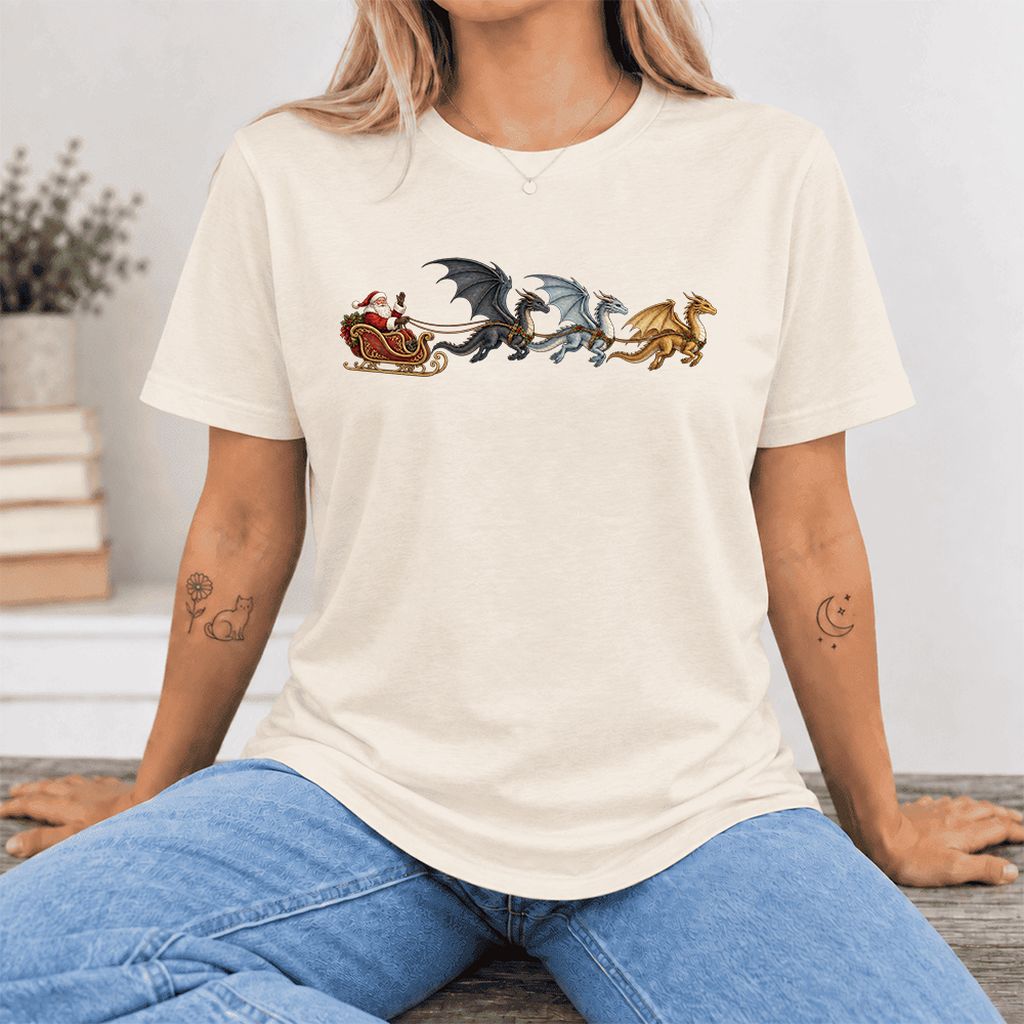 Santa Claus on Dragon Sleigh Ultra-Soft Cotton T-Shirt | Christmas Reader Gift Natural