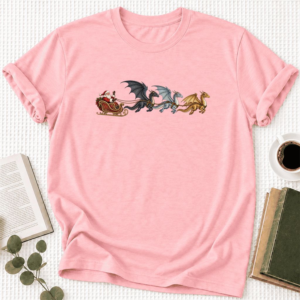 Santa Claus on Dragon Sleigh Ultra-Soft Cotton T-Shirt | Christmas Reader Gift Pink
