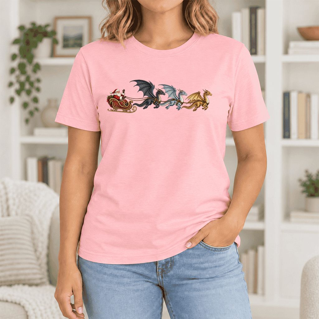 Santa Claus on Dragon Sleigh Ultra-Soft Cotton T-Shirt | Christmas Reader Gift Pink