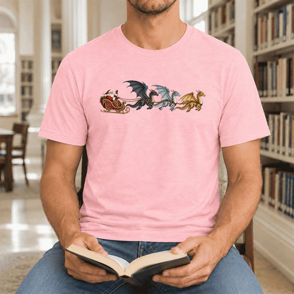 Santa Claus on Dragon Sleigh Ultra-Soft Cotton T-Shirt | Christmas Reader Gift Pink