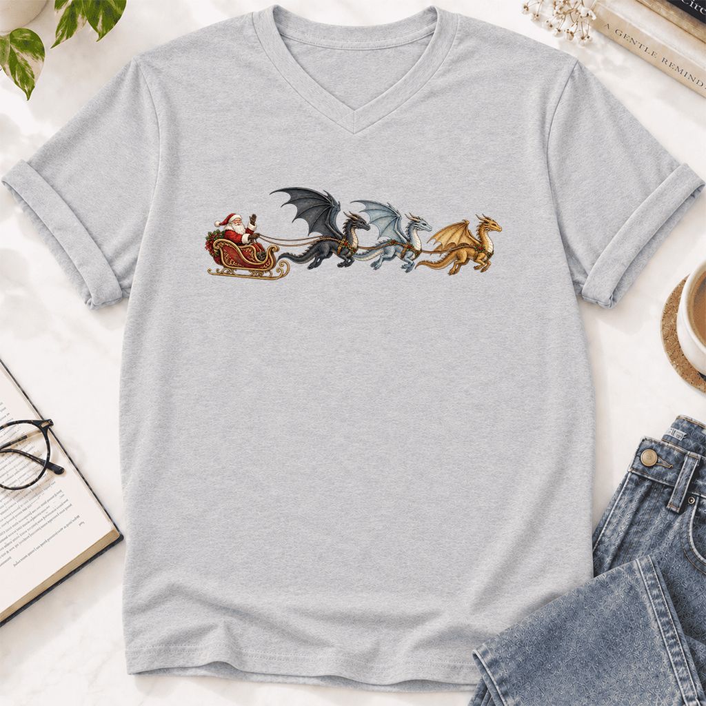 Santa Claus on Dragon Sleigh Ultra-Soft V-Neck | Christmas Reader Gift Ash