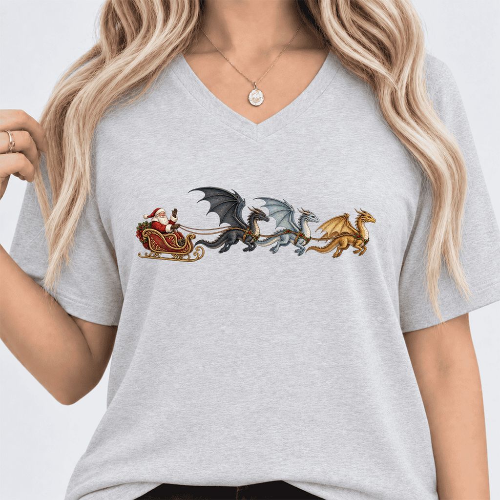Santa Claus on Dragon Sleigh Ultra-Soft V-Neck | Christmas Reader Gift Ash