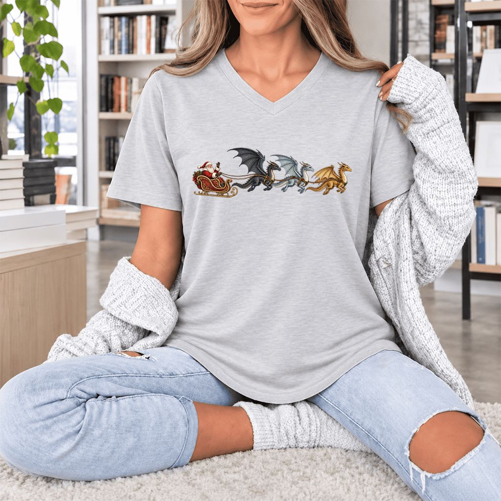 Santa Claus on Dragon Sleigh Ultra-Soft V-Neck | Christmas Reader Gift Ash