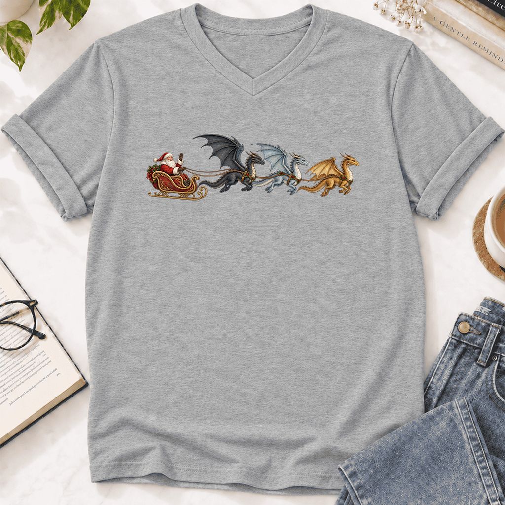 Santa Claus on Dragon Sleigh Ultra-Soft V-Neck | Christmas Reader Gift Athletic Heather