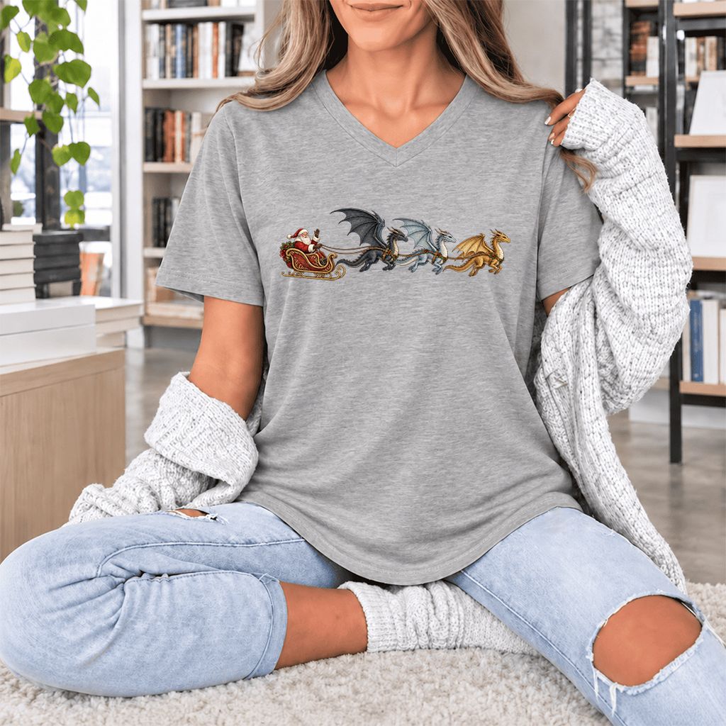 Santa Claus on Dragon Sleigh Ultra-Soft V-Neck | Christmas Reader Gift Athletic Heather