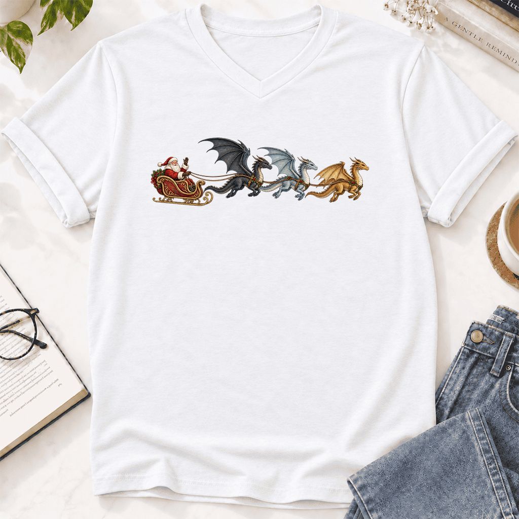 Santa Claus on Dragon Sleigh Ultra-Soft V-Neck | Christmas Reader Gift White