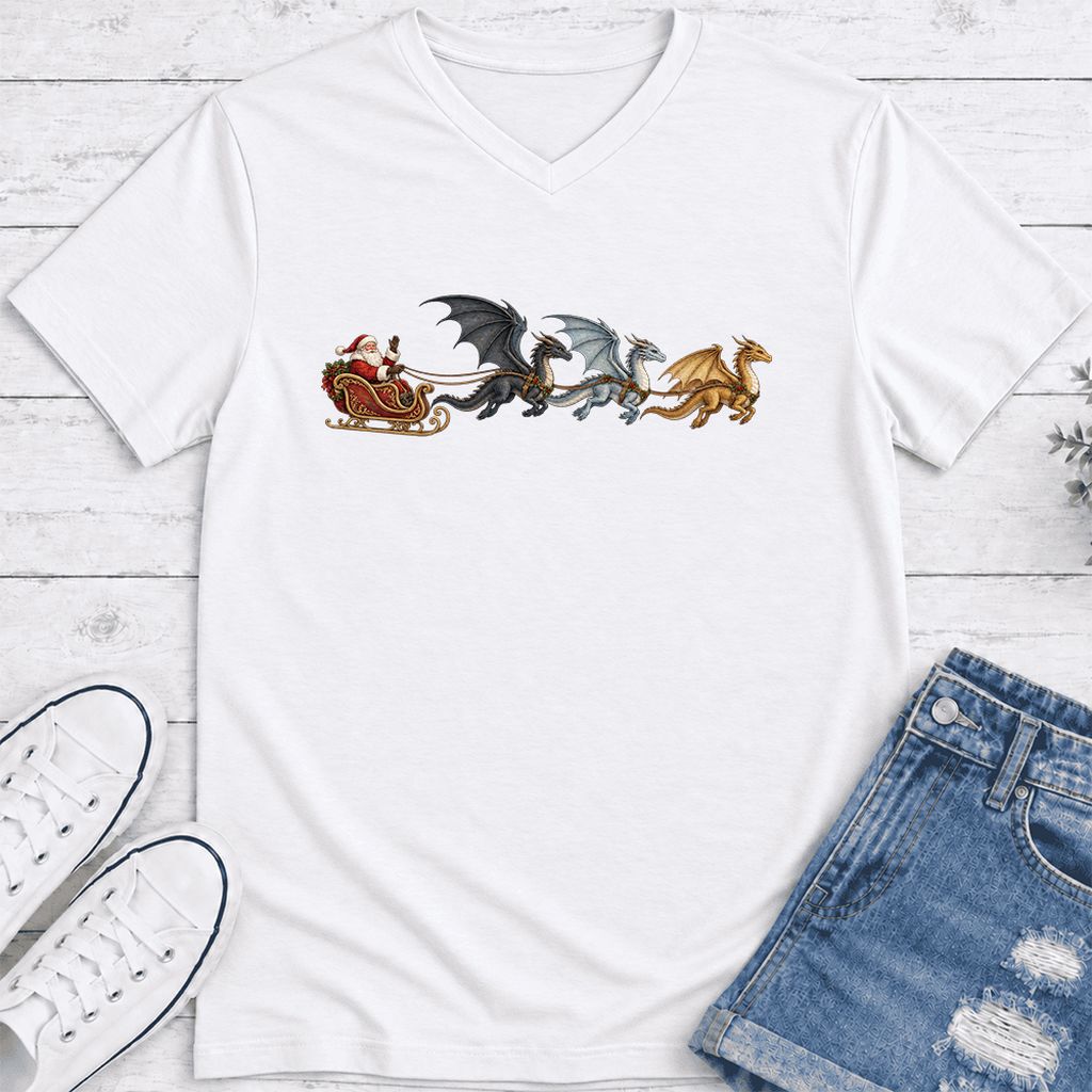 Santa Claus on Dragon Sleigh Ultra-Soft V-Neck | Christmas Reader Gift White