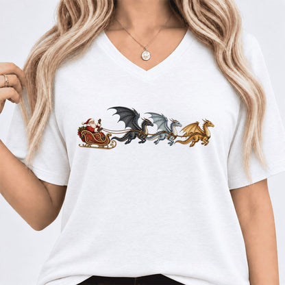 Santa Claus on Dragon Sleigh Ultra-Soft V-Neck | Christmas Reader Gift White